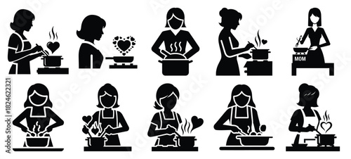mom cooking love icon set, black color and white background
