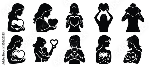 mom holding heart icon set, black color and white background
