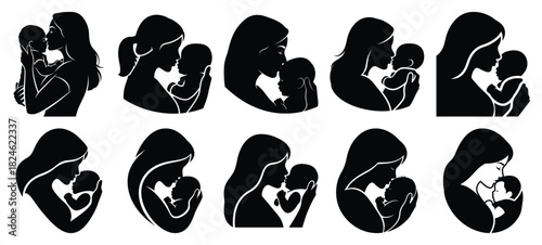 mom kissing baby icon set, black color and white background