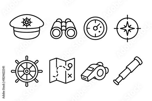 Nautical icons collection: captain's hat, binoculars, compass, wheel, map, telescope