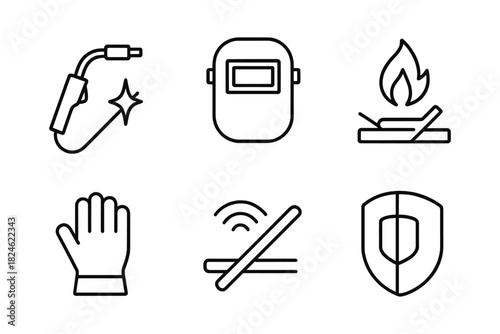 Welding equipment icons: safety gear, tools, and symbols in a linear style