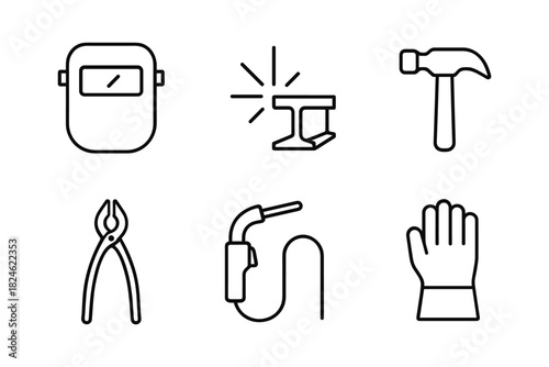 Blacksmith tools line art: welding mask, anvil, hammer, pliers, gloves