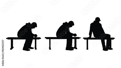 Silhouettes of people sitting on benches isolated on white background, Vector