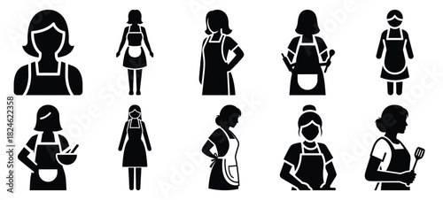 mom with apron icon set, black color and white background