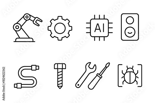 Modern industry icon set: automation, ai, and tools in linear style