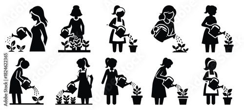 mom watering plants icon set, black color and white background