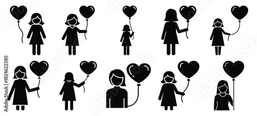 mom with heart icon set, black color and white background