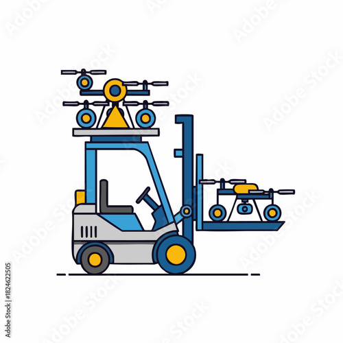 Forklift transporting modern delivery drones for logistics operations.