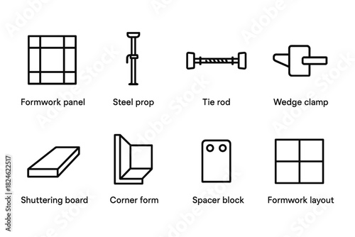 Construction equipment icons featuring formwork panel and tools in minimalist line style
