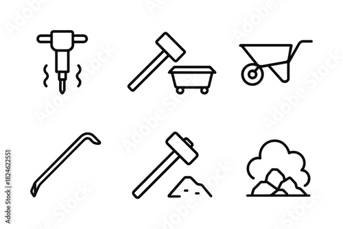 Construction tool icons set: hammer, wheelbarrow, jackhammer, crowbar, mining outline design