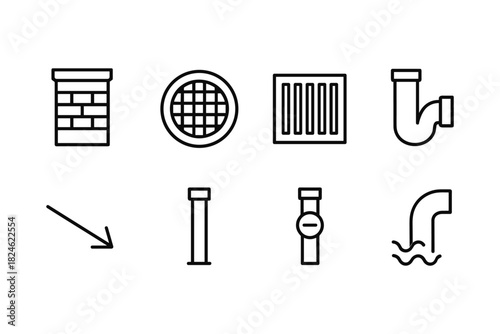 Plumbing and drainage line icons set: pipes, grates, and water flow elements