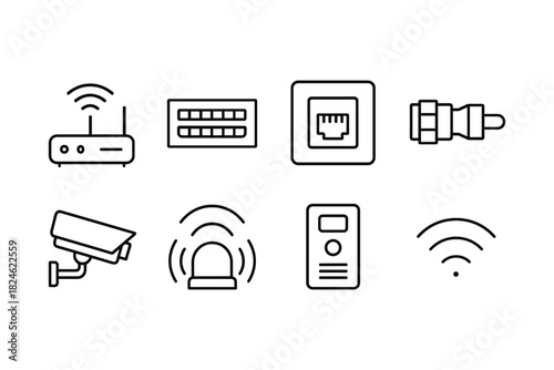 Smart home technology icons: wireless router, ethernet, security camera, alarm
