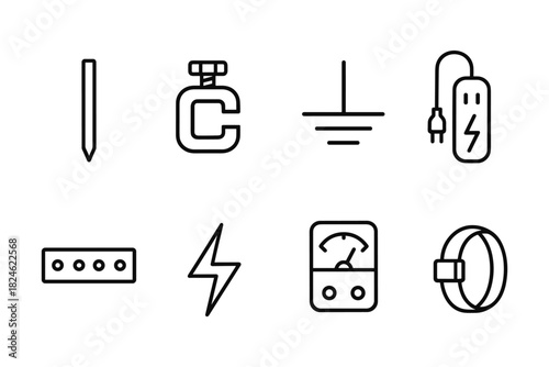 Linear icon set of tools and electrical symbols for engineering and technology