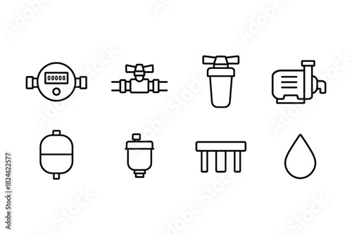 Set of linear plumbing icons: water meter, pipes, valves, and pump