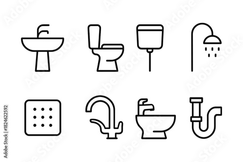 Line art bathroom icons: plumbing fixtures and sanitary elements