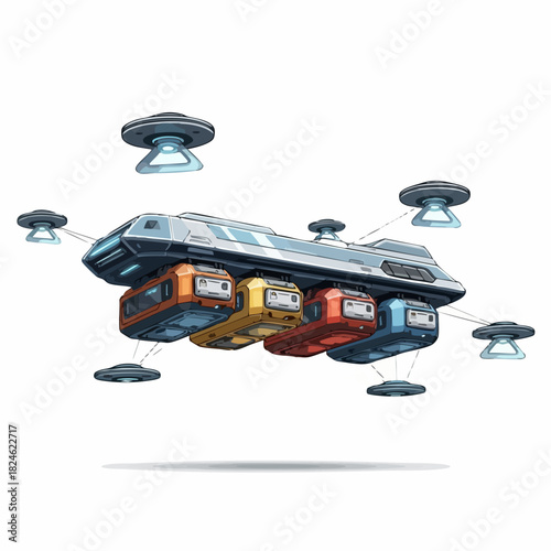 Futuristic flying cargo transport ship with drone escort.