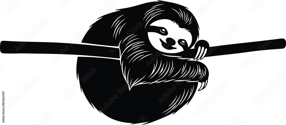 Naklejka premium Cute sloth hanging on a branch black and white illustration