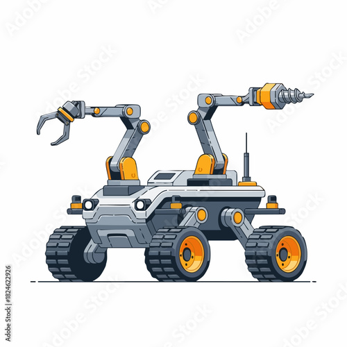 Detailed illustration of a futuristic space exploration rover with robotic arms.