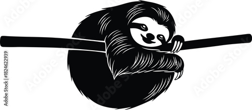 Cute sloth hanging on a branch black and white illustration