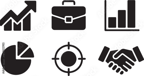 Black Silhouette Icons Representing Business Concepts Including Graph, Briefcase, Pie Chart, Target, and Handshake Keywords: business, finance