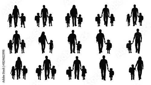 Family walking to school silhouettes isolated on white background, Vector