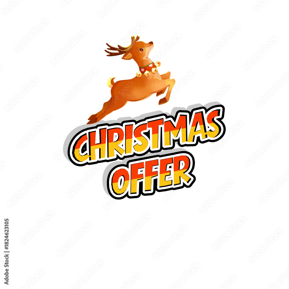 Obraz premium Festive christmas offer banner with playful jumping reindeer and bold typography, ideal for holiday sales and seasonal promotions