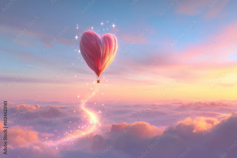 Fototapeta premium Love's Ascent: A heart-shaped hot air balloon floats gracefully through a serene sky.