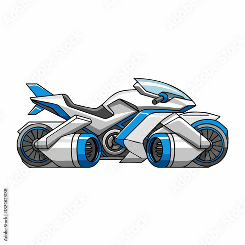 Futuristic white and blue motorcycle with jet engine design for high speed travel.