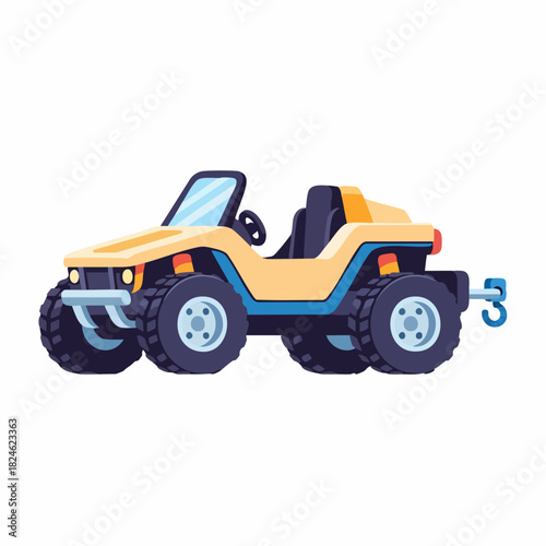 Cartoon style yellow and blue off road dune buggy vehicle.