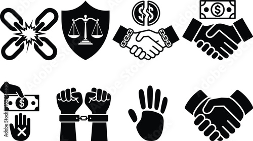 Law, justice, crime, human rights, finance, business icon set