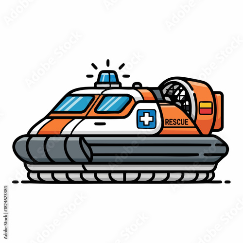 Orange and white rescue hovercraft cartoon vector illustration.