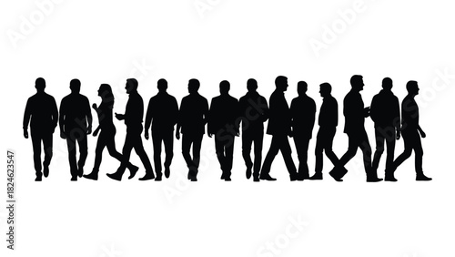 Silhouettes of people walking in a line isolated on white background, Vector