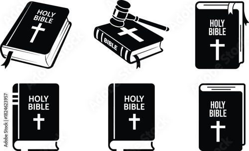 Holy bible vector icon set with a justice gavel, spiritual law