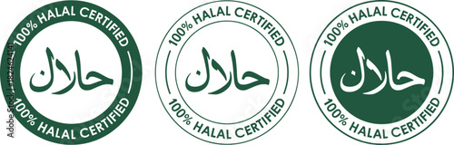Collection of three halal certified logos, circular green emblems with arabic text indicating permissibility for consumption, representing purity.