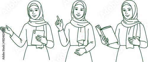 Three muslim women in hijab demonstrating different actions: presenting, pointing, and reading a book, simple line art illustration.