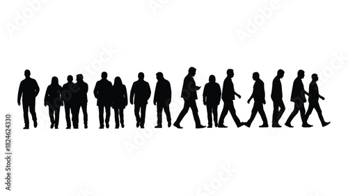 Diverse group of people walking silhouettes isolated on white background, Vector