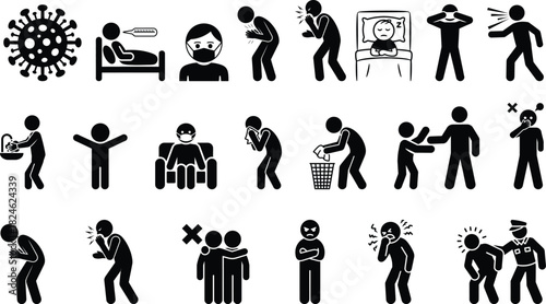 Health, sickness, and virus prevention, symptoms, and cure icons.