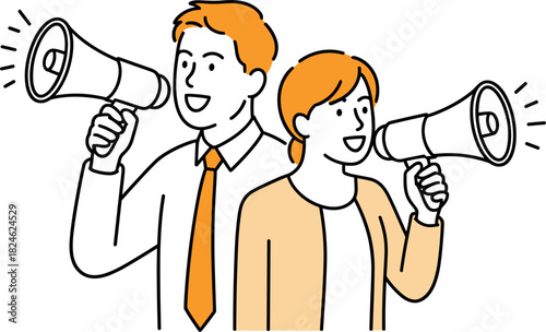 Two people, a man and a woman, cheerfully announce something important using communication, promotion, marketing, megaphones in a modern illustration style.