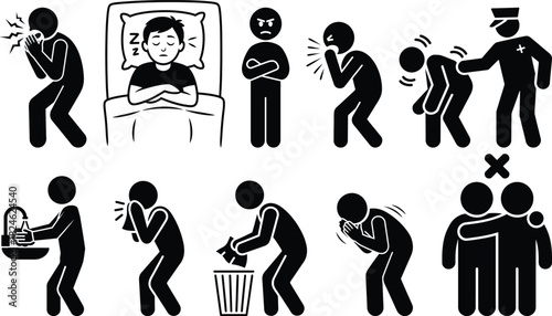 Symptoms of sickness, illness, and prevention medical icon set