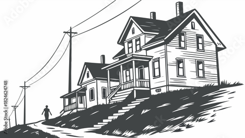 Woodcut Style Drawing of Houses on a Hill with Power Lines and Person Walking