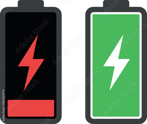 Two battery icons side-by-side, battery, charge, power, energy, icon, level, full, empty, low, high, status, one empty and red, the other full and green, representing power levels and energy status.
