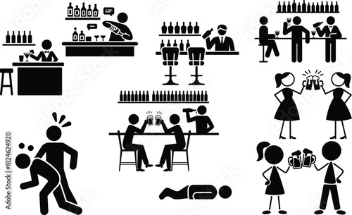 Stick figures drinking alcohol, bar scenes, party, celebration, drunkenness