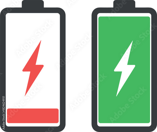 Two battery charge indicators, charge, level, power, energy one low with red warning and one full green, symbolizing power levels and energy status on a white background.