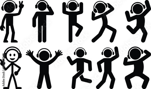 Stick figures with headphones listening to music and dancing