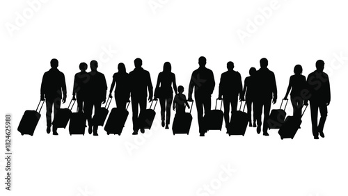 Traveling silhouettes with luggage isolated on white background, Vector