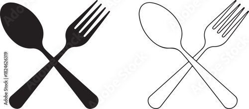 Crossed Spoon and Fork Silhouettes and Outlines on White Background cutlery utensil