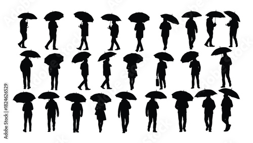 People with umbrellas silhouettes isolated on white background, Vector