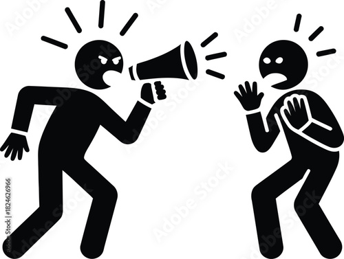 Angry person yelling megaphone at distressed stick figure icon