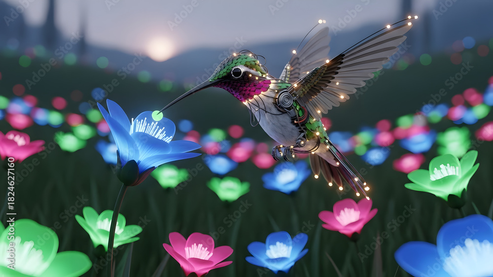 Fototapeta premium A hummingbird with mechanical parts and lights hovers near glowing flowers in a field at dusk