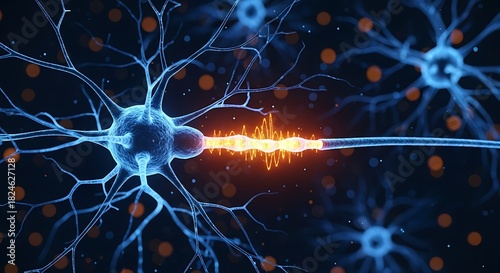 Close up of glowing blue neurons transmitting electrical signals in the brain